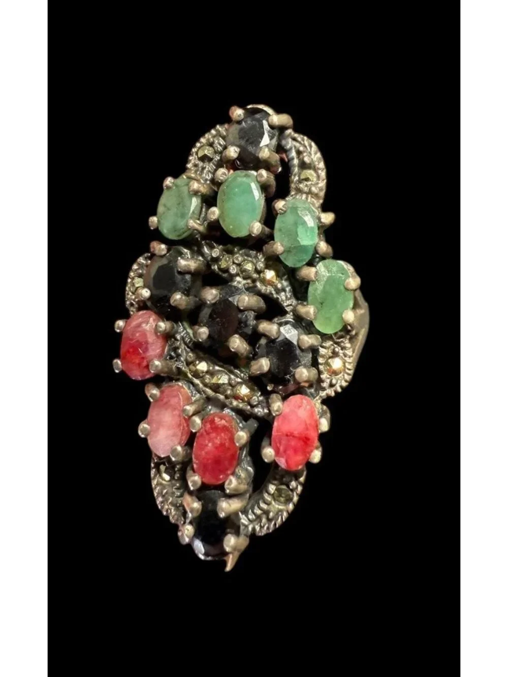 Vintage 925 Art Deco Marcasite Ring Multi Gemstone Ruby Emerald Sapphire